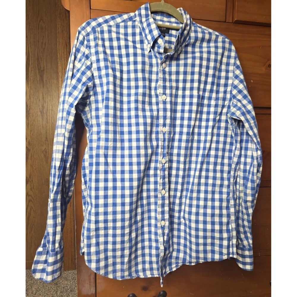 J Crew Factory Size Medium Gingham Check Button Down Classic Blue White Cotton